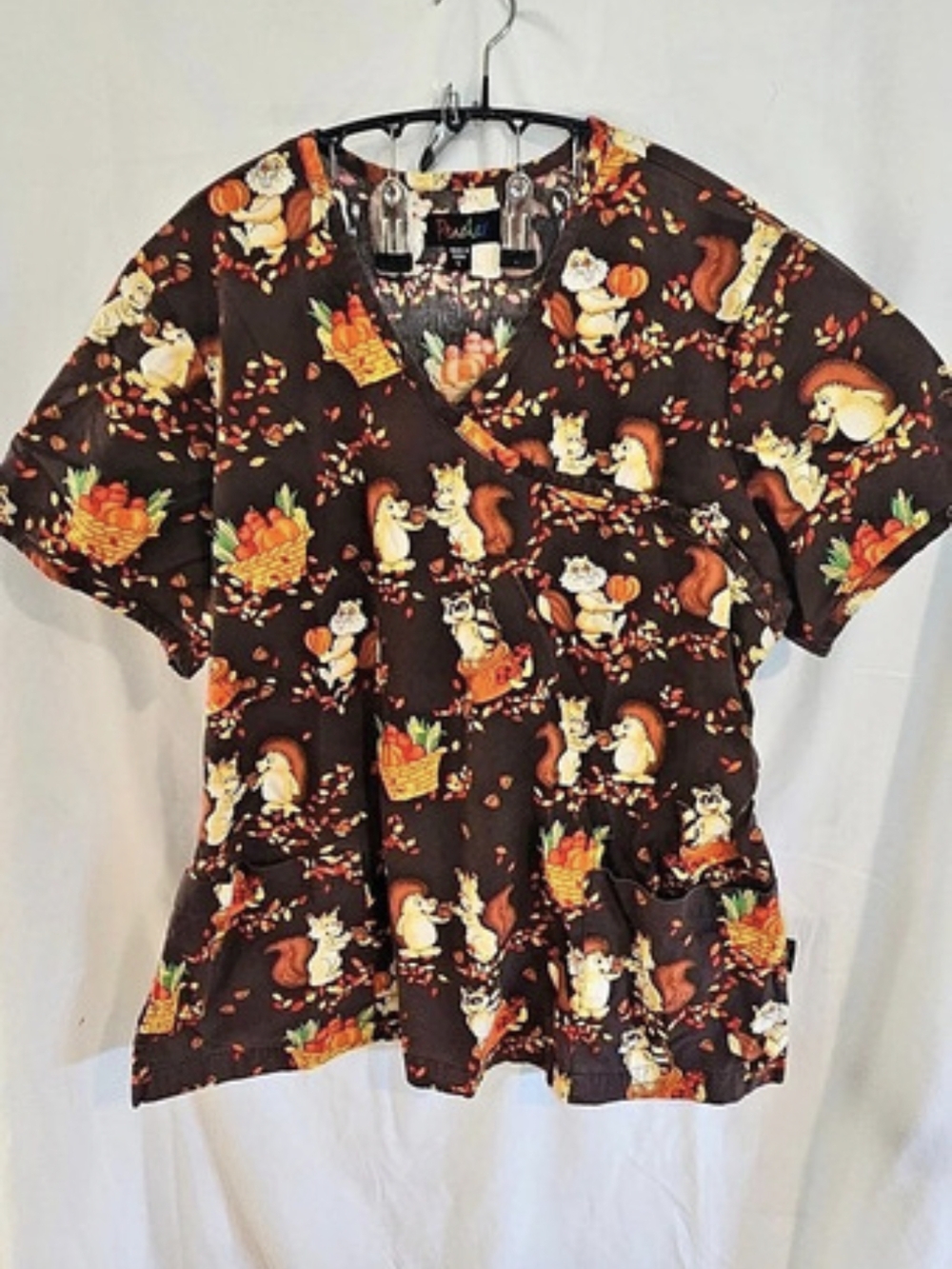 Peaches Brown Squirrel Harvest Print Blouse Like New